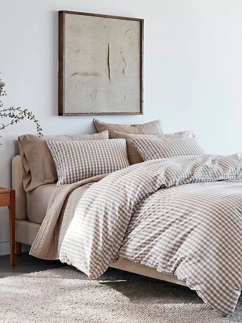 Coyuchi Gingham Print Taupe/Cream QUEEN Duvet Cover ONLY